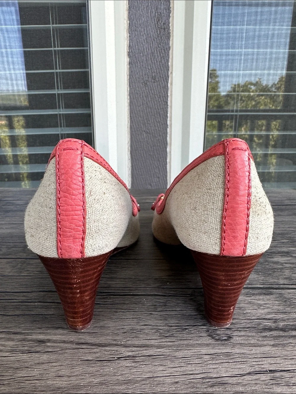 Tory Burch Coral-Trim Peep-Toe Wedges with Gold Logo
